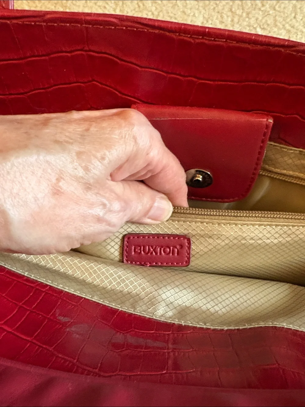 Buxton Stylish Red Women’s Tote Bag with Croc-Texture Trim
